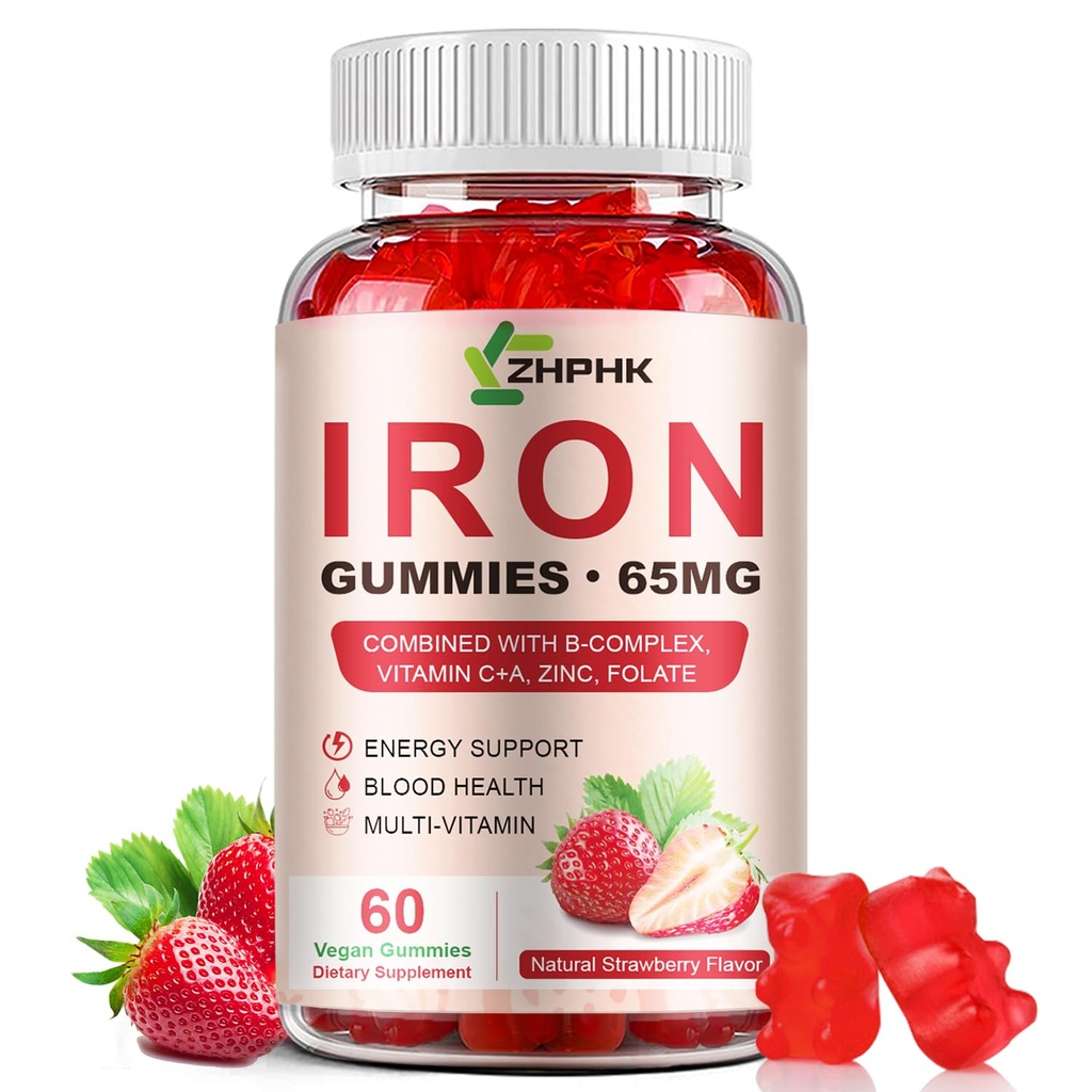 Cummie di supplemento di ferro, ferro da 65 mg e vitamina C 250mg per i bambini delle donne, pancia di ferro vegano naturale con vitamina A, B-Complex, Biotina, Zinc & Folate Energy Support & Immune Health, 60 Gummies