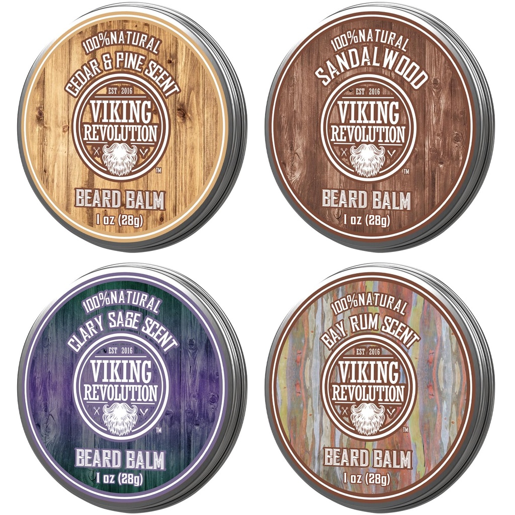 Viking Revolution 4 Beard Balm Variety Pack (1oz Ogni) - Sandalo, Pine & Cedar, Bay Rum, Clary Sage - Stili, Rafforza e Ammorbidisce Beards and Mustaches - Wax for Men