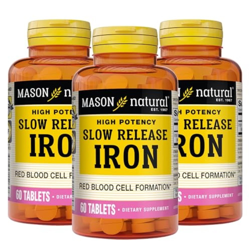 Mason naturale lento, ferro di rilascio (solfato) 50 mg compresse, 180 giorni di alimentazione, supplemento di alta potenza, Gentle su Stomach, 3 Pack