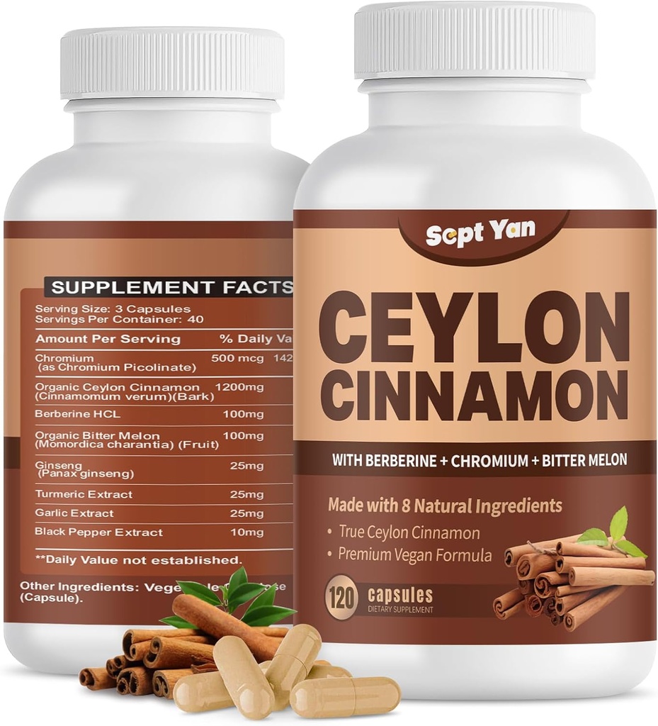 Ceylon Cinnamon Capsule 1200mg Cinnamon Bark Integratori con Cromo, Berberina HCL & Turmerico, Vegan, 120 Capsule, Energia, Metabolismo, Cuore e Supporto immunitario