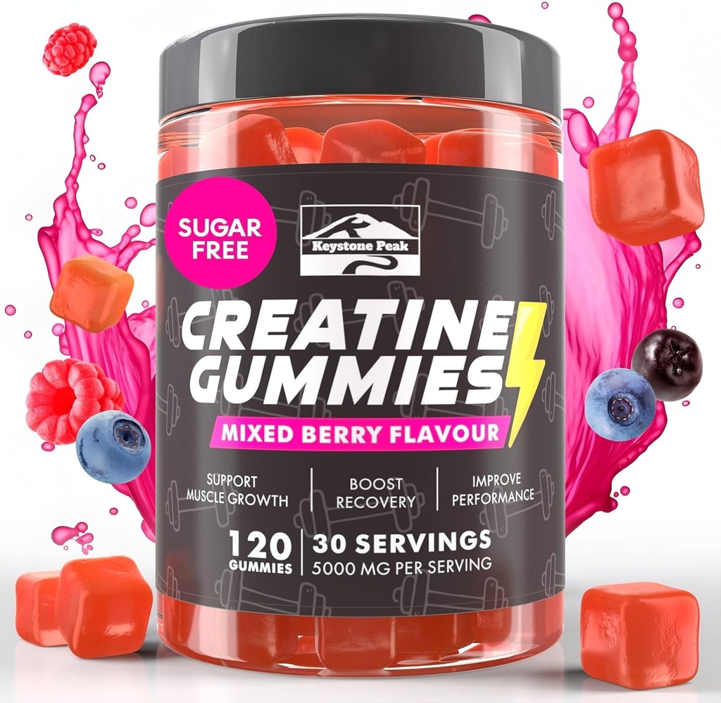 KP Creatina Monoidrato Gummies Bacca mista per uomini e donne, 100% Creatina Mista Gummie di bacche, 5g per Serving + Vegan, Zucchero Libero, Bacca mista + Forza, Energia, Muscolo & Booty Gain - 120 Conte