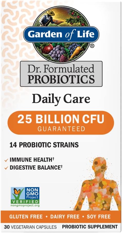 Garden of Life Dr. Formulated Probiotics Daily Care 30 Capsule 25 miliardi CFU 14 Strains Immune Health Digestive Balance, Gluten Free,Soy Free