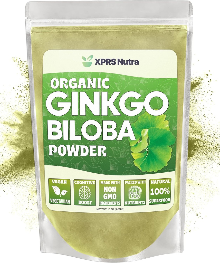 XPRS Nutra Organic Ginkgo Biloba Polvere - Gingko Biloba Integratori per Cognizione - Vegan Friendly Ginkoba Biloba Organic - Immunity Boosting Ginkgo Biloba Polvere (16 oz)