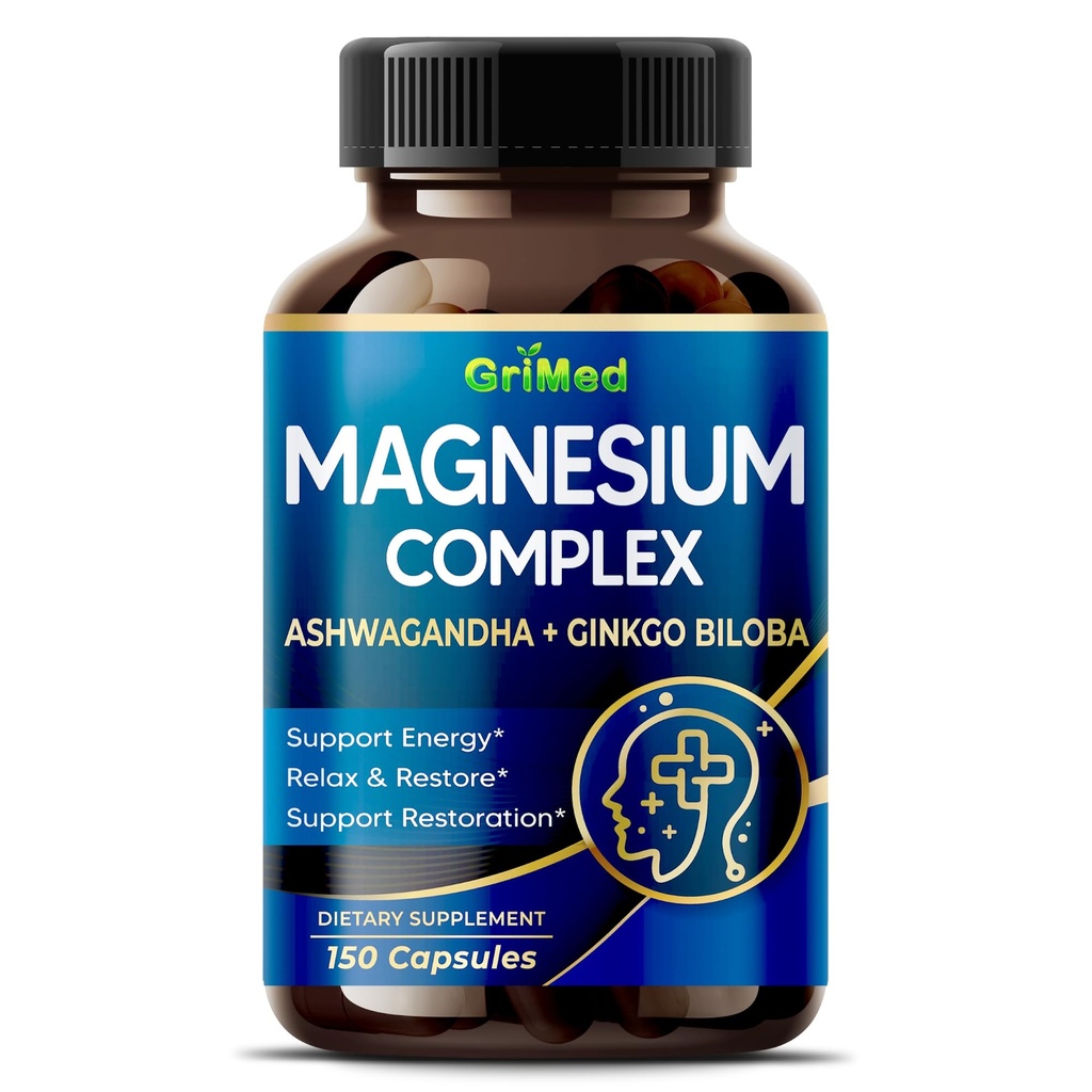 Magnesio Complesso 8.600mg - x8 Potenza con Ashwagandha + Ginkgo Biloba - Relax & Ripristino, sonno riposante - USA Made & Tested (150 Count (Pack of 1))