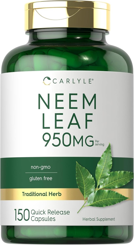 Carlyle Neem Leaf | 950mg | 150 capsule di polvere | Non OGM e Gluten Formula gratuita | Dimensione del valore | Integratore di erbe tradizionale | Azadirachta Indica