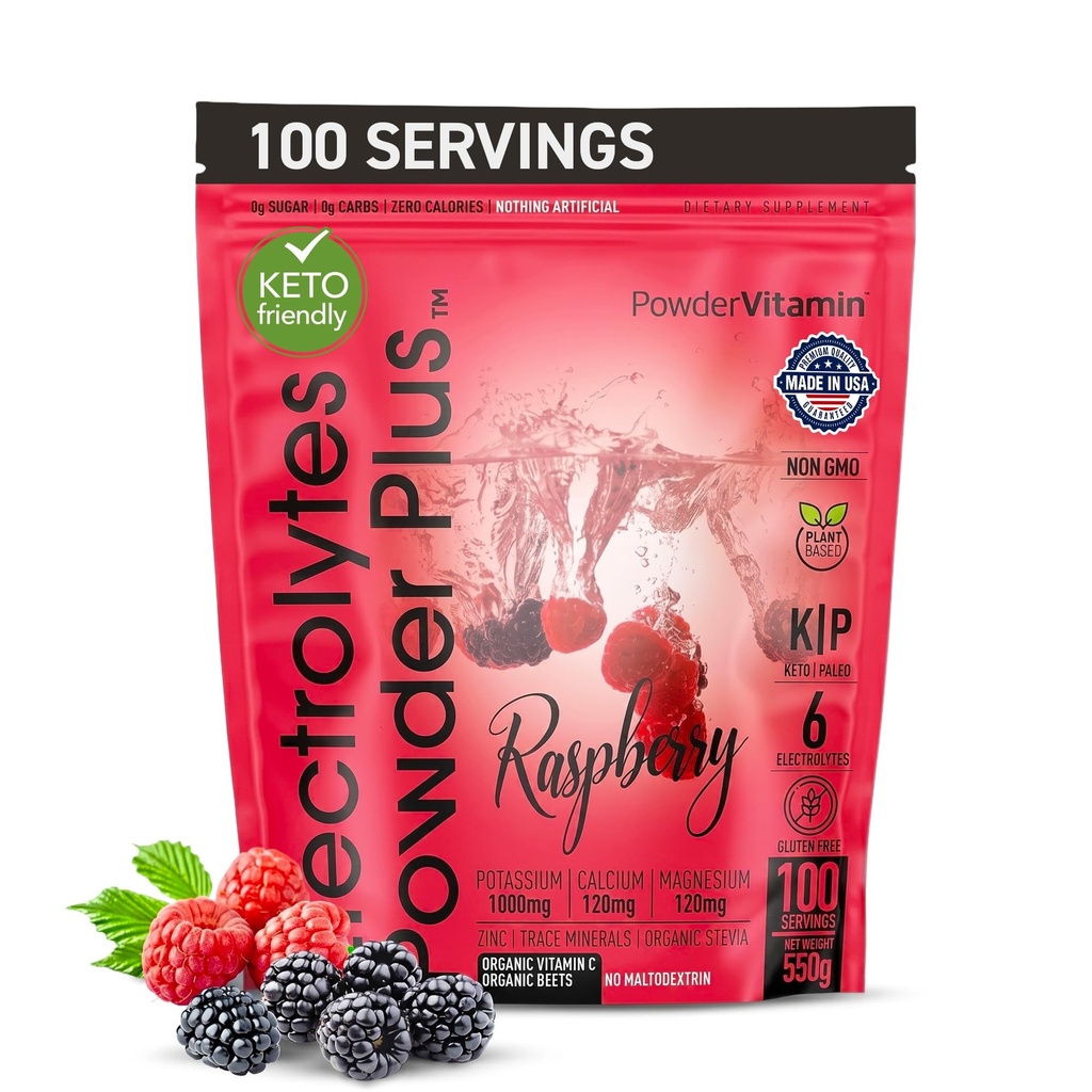 PolvereVitamin Electrolytes Powder Plus (100 Servings) Polvere di elettrolita del lampone, Calorie zero, Keto, 0 Zucchero, No Maltodextrin, 1000 mg di potassio, 120 mg di calcio, 120 mg di magnesio, polvere di idratazione dell'energia