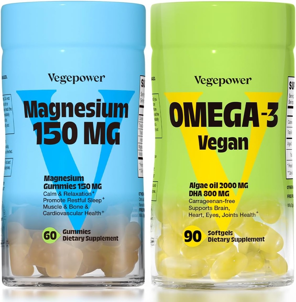 Vegan Omega-3 + Magnesio Gummies | Algae Omega-3 800mg DHA integratori per il cervello, occhi di cuore Salute- 90 Conte | 150mg Magnesio Citrato Gummies per adulti e bambini sonno calmo, Rilassamento