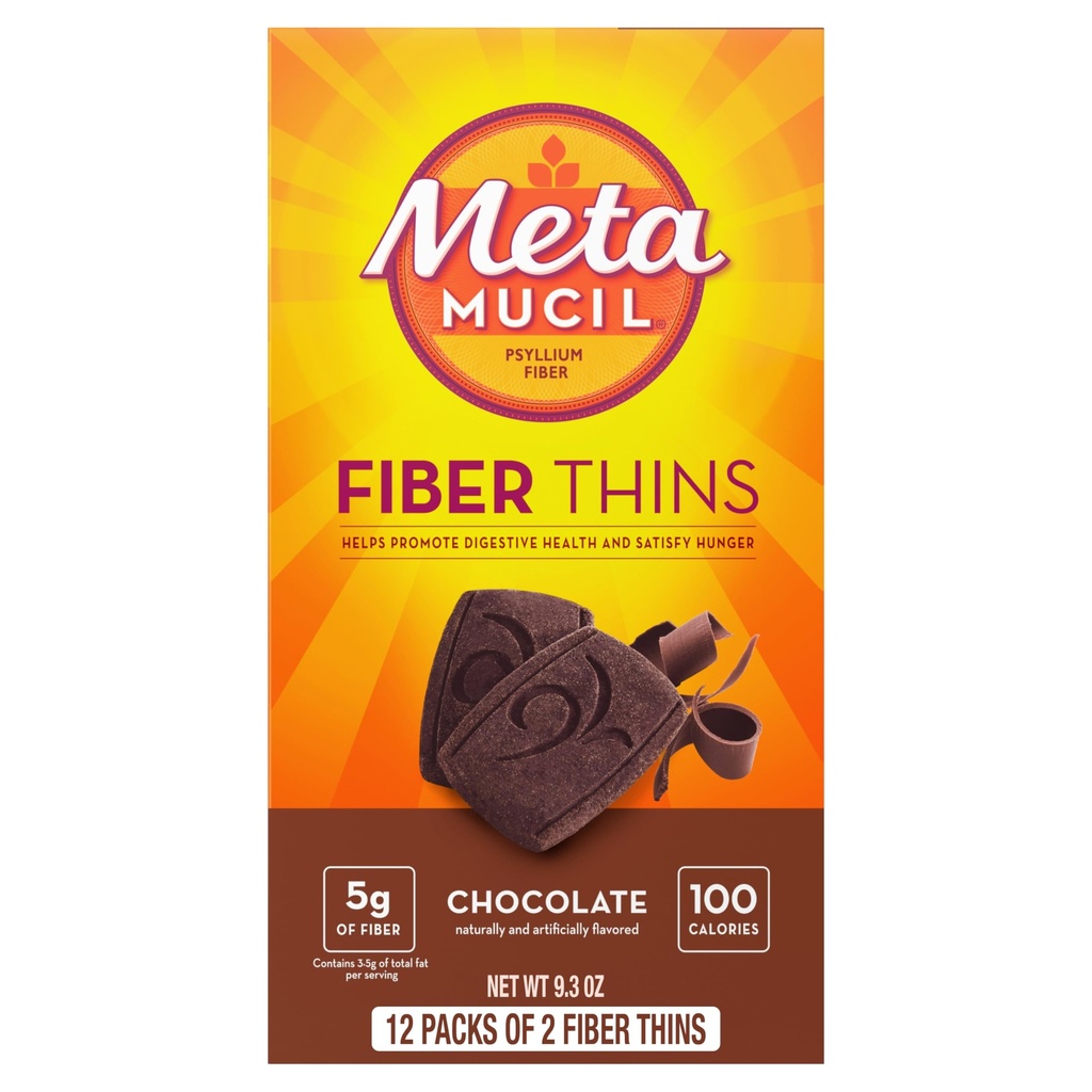 Metamucil Fiber Thins, Psyllium Husk Fiber Supplement, Digestive Health Support and Satisfy Hunger, Chocolate Flavored, 12 Serve
