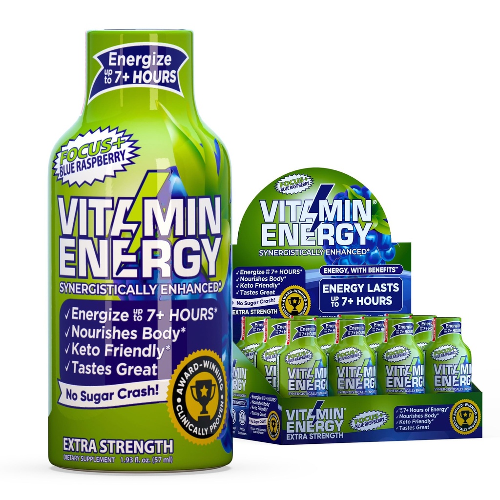 Vitamin Energy Focus+ Extra Strength Energy Shot Blue Raspberry 12 Pack, 260mg Natural Caffeine, B-Vitamins, CoQ10, Aminoacidi, Focus, Produttività & Clarity, Zero Sugar, Gluten-Free, 1.93 fl oz