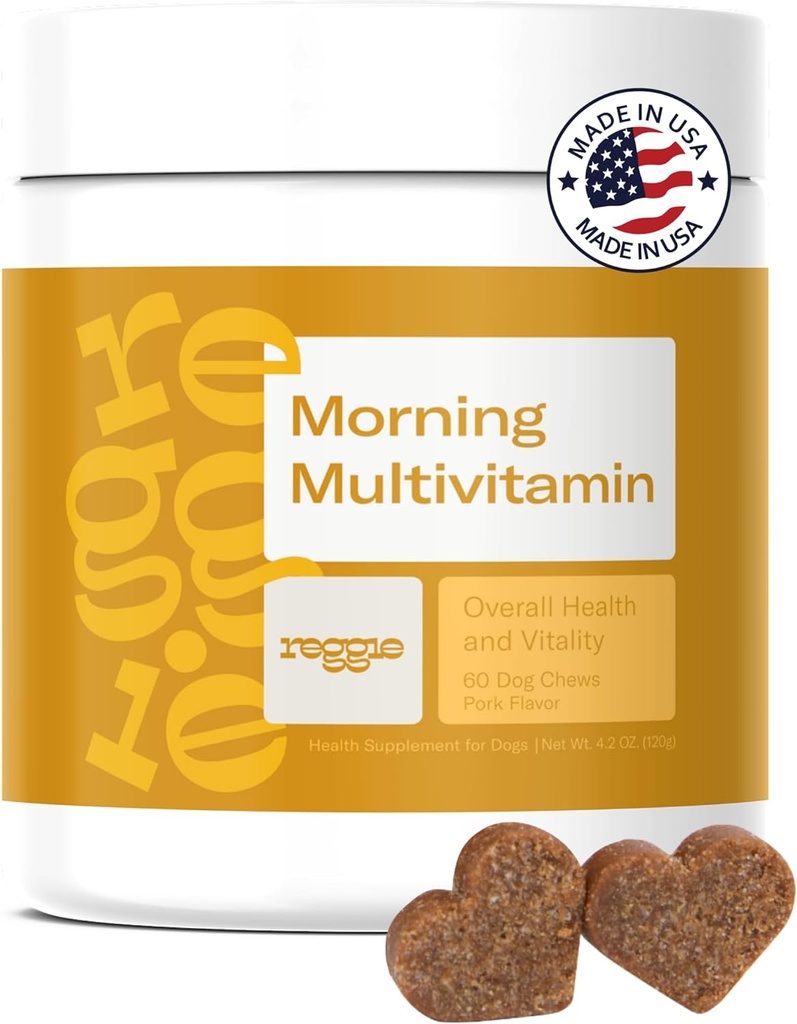 Reggie Morning Multivitaminici per Cani | Cuciture di Vitamina di Cane Quotidiano con Vitamine & Minerali per Immunità, Cuore, Pelle, Cappotto, Giunti & Digestione | Vet-Approved, Natural Dog Supplement | 60 Soft Chews