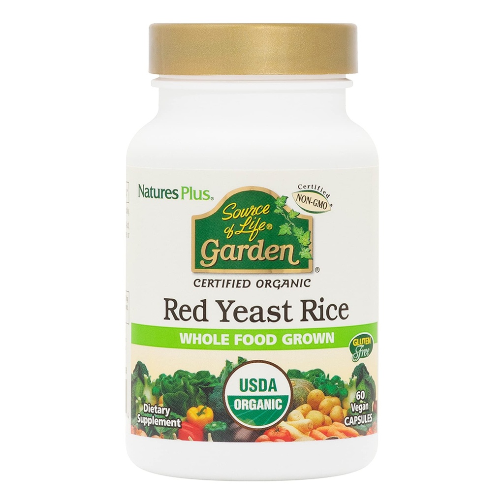 Natures Plus Sorgente di Life Garden Certificato Organico Rosso Lievito Riso - 600 mg, 60 Vegan Capsule - Supporto nutrizionale per Benessere Complessiva - Vegetariano, Senza Glutine - 60 Serve