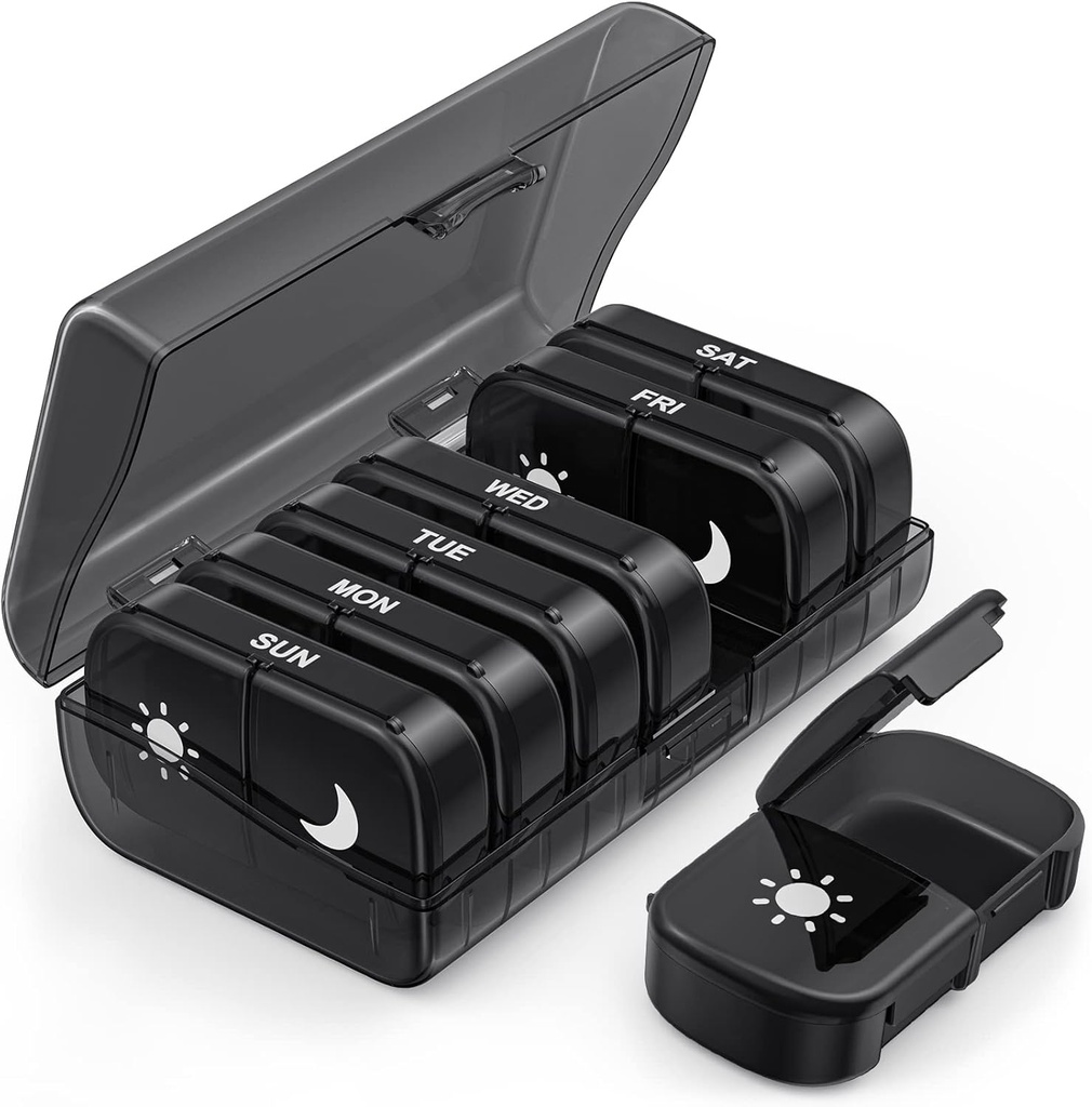 PULIV Extra Large Weekly Pill Organizer 2 volte al giorno, One-Side Open Pill Box 7 giorno per facile riempimento, Protezione della privacy nera AM PM Pill Case per vitamine, farmaci, integratori, oli di pesce nero