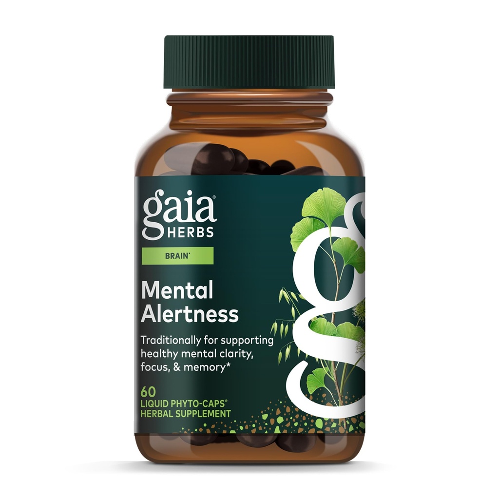 Gaia Herbs Alertness Mentale - Integratore di supporto per il cervello per aiutare a mantenere la messa a fuoco e la memoria* - con Eleuthero, Ginkgo Leaf, Gotu Kola, Rosemary & Oats - 60 Vegan Liquid Phyto-Capsules (15-Day Supply)