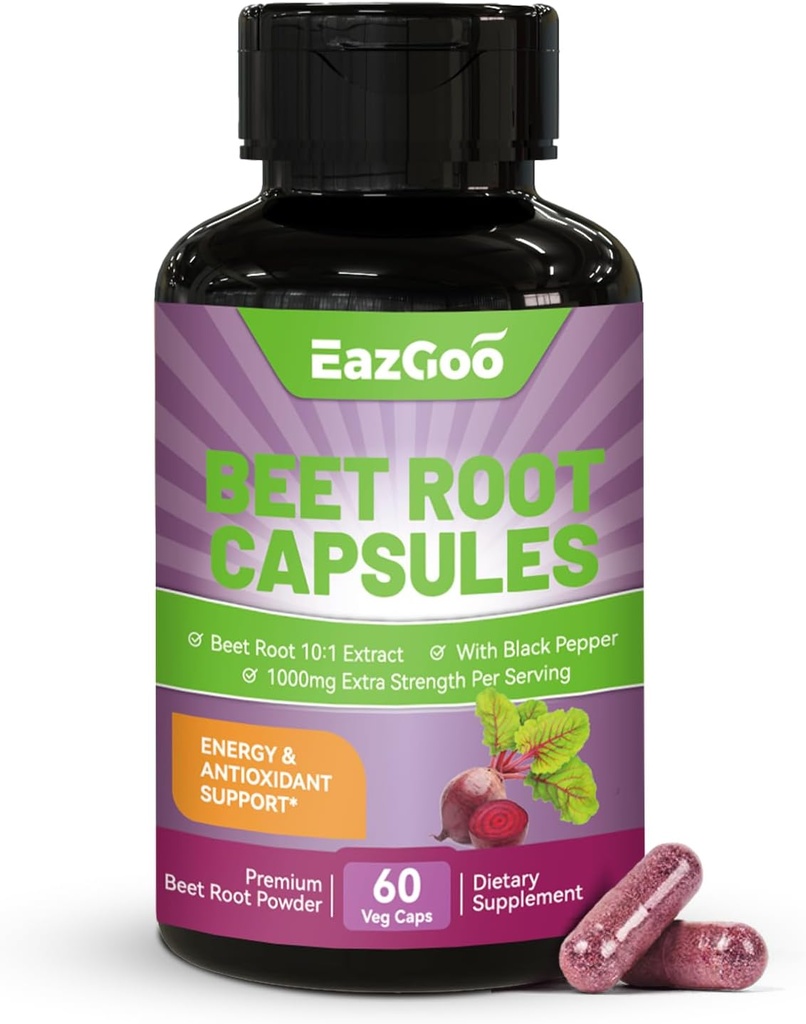 Capsule di barbabietola 1000mg Per Serving, Supporta la produzione di ossido nitrico e la pressione sanguigna, con Estratto di pepe nero, Non OGM, Gluten Free, Vegan - 60 conti