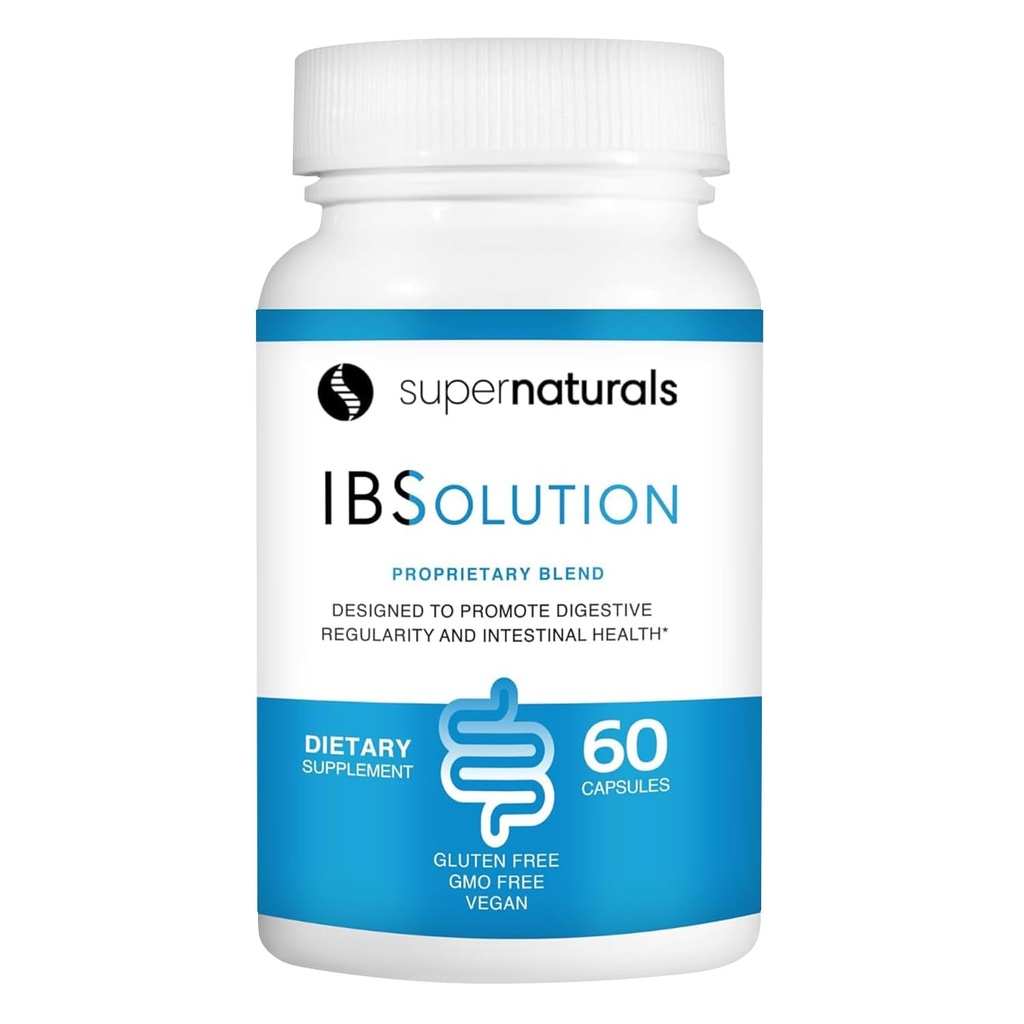 SuperNaturals IBSolution - Made in USA, Non OGM, Gluten Free & Vegan (60 capsule) - Integratore Digestivo Gut Health Con Psyllium Husk - Gas, Bloating, Diarrea, Rilievo di costipazione, Dolore addominale