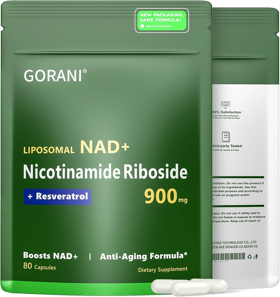 Gorani NAD+ Supplemento 900MG, Nicotinamide Riboside, Resveratrolo Liposomico, Quercetin (1)