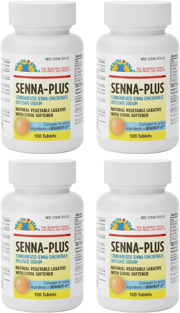 GeriCare Senna Plus Lassativo vegetale naturale con Ammortizzatore di sgabello, Docusate Sodium 50mg, Sennosides 8.6mg 100 Count (Pack of 4)
