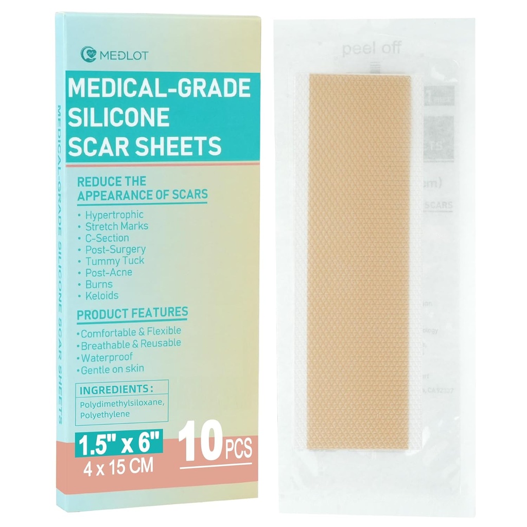 Fogli di sciarpa in silicone, 10pcs, Nastro in silicone per il trattamento delle cicatrici, Strisce di cicatrici riutilizzabili per chirurgici, C-Sezione, Bump Keloid, Segni elasticizzati, Brucia, Rimozione di cicatrici acune, Ogni 1,5” x 6”