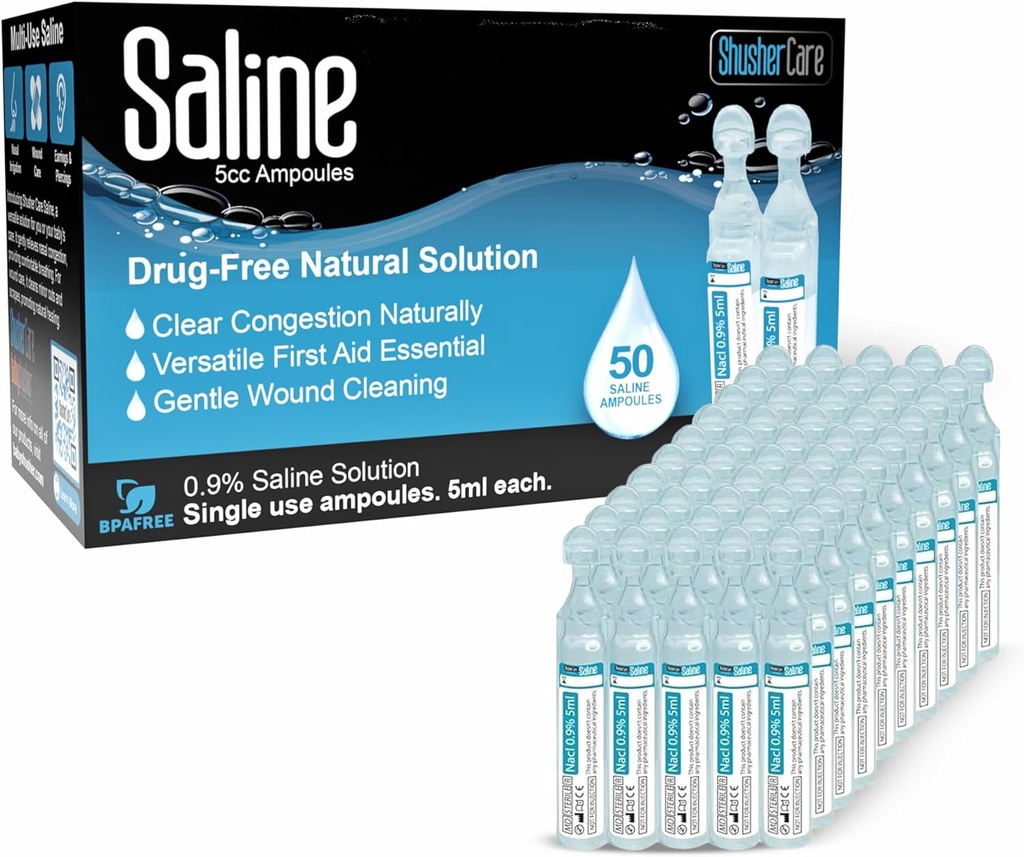 Saline Ampoules - Soluzione salina per nebulizzatore, cloruro di sodio 0,9%, pulizia nasale per bambini, bambini, & adulti, cura nasale sterile, pulizia del tessuto - 50 conte (5ml ciascuno)
