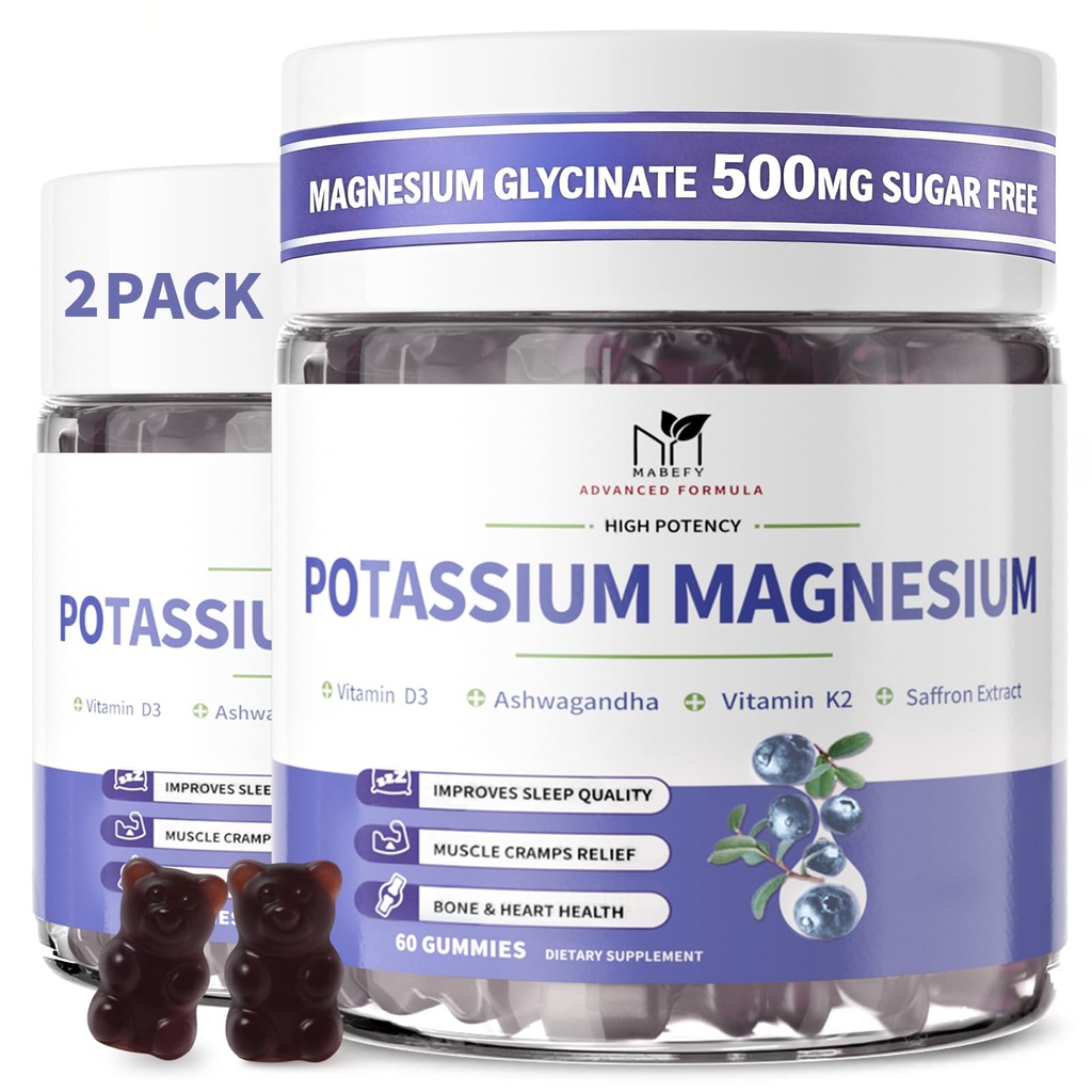 2 Confezione Gummie di Magnesio di Potassio, Gummie di Potassio Senza Zucchero con Magnesio Glycinate 500mg Chewable Magnesium Supplementi di Potassio con Calcio, Zinco, Vitamina per Gambe e Muscolo