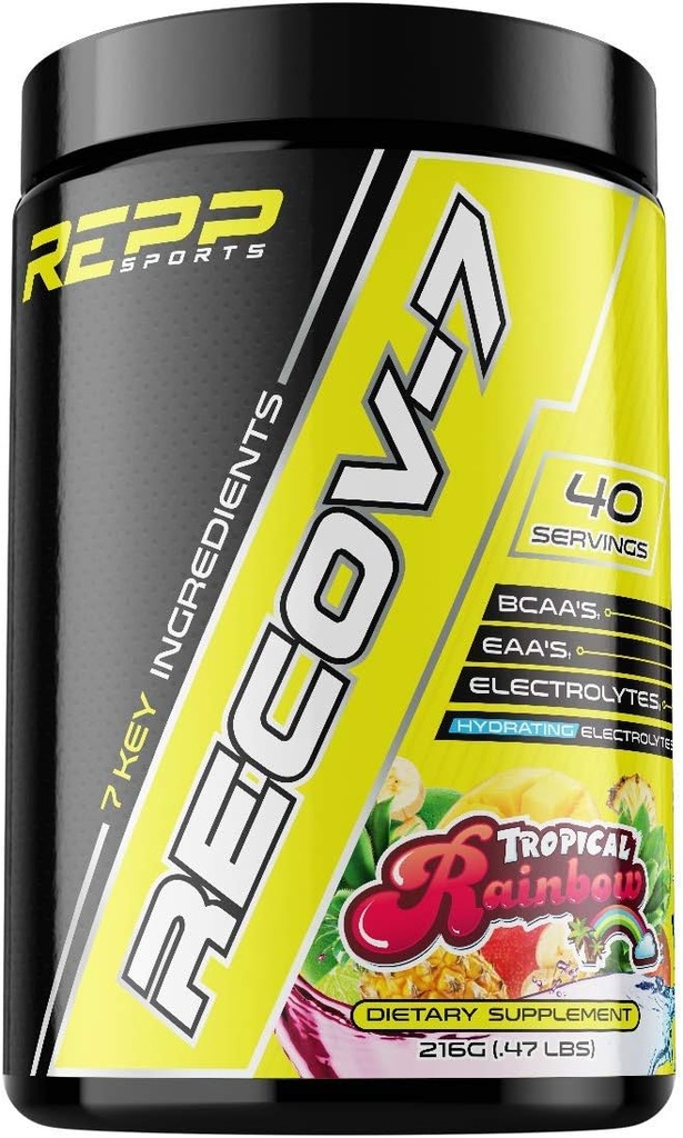 REPP Sports Recov-7 Full Spectrum EAAs and BCAAs | Advanced Recovery and Glycogen Replenishment for Intra-Workout (Tropical Rainbow, 40 Servings (216g)