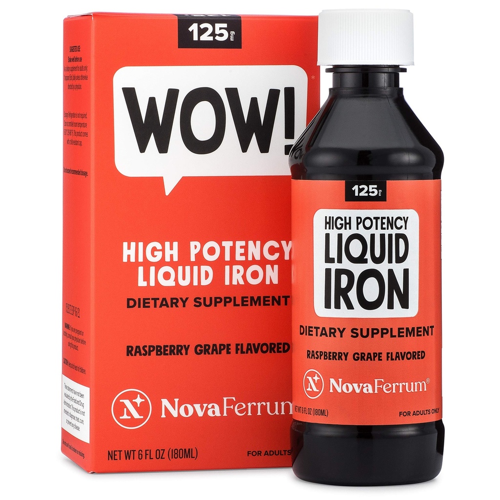 NovaFerrum Wow, 125 supplemento di ferro liquido ad alta potenza per adulti, carenza di ferro, 125 mg di ferro per 5mL Dose, Vegan verificato, senza glutine certificato, senza zucchero