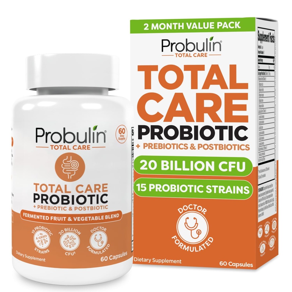 Probulin Total Care Probiotici Supplemento, Daily Gut, Digestivo e Immune Salute Probiotici Capsule per Uomini e Donne, 20 miliardi di CFU, Vegan, 60 Conte Bottiglia