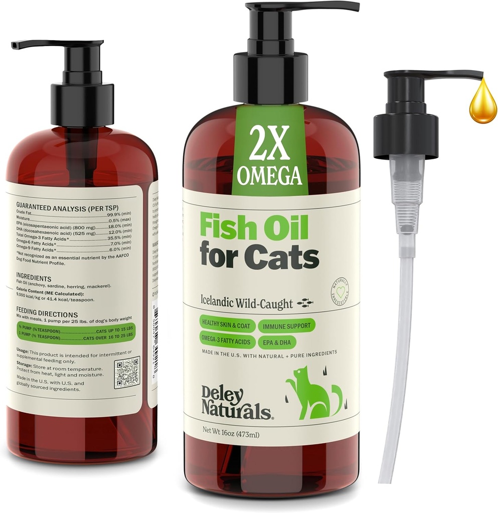 Deley Naturals Wild Caught Fish Oil per gatti con 2X Omega - Cat Fish Oil con EPA & DHA Potency - Omega 3 per gatti per perdere, pelle, cappotto, articolazioni, cuore e sistema immunitario - Made in the USA