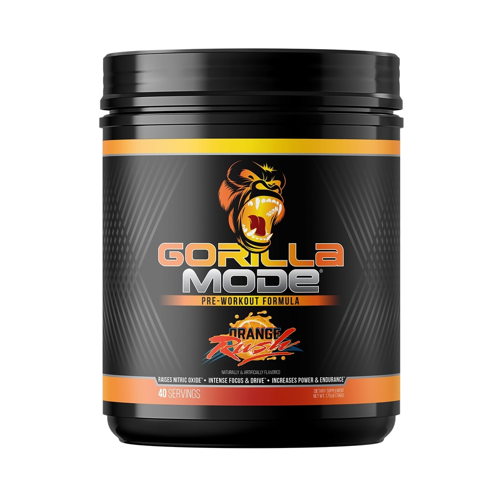 Gorilla Mind Pre Workout - Pompe di massa Laser Focus Energy Power - L-Citrulline, Creatina, L-Tyrosine, Betaine, Hydroprime, Alpha-GPC, 400mg Caffeina, Huperzine A - 796g (Orange Rush)