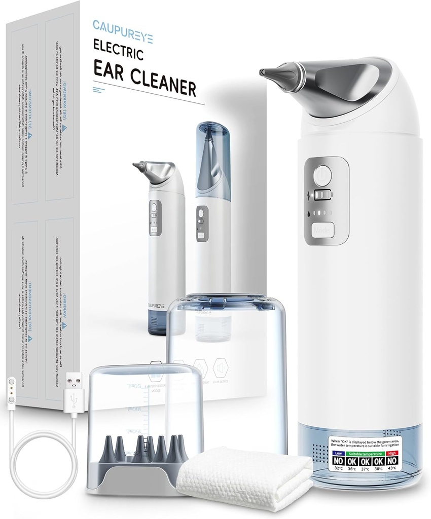 Kit di rimozione della cera dell'orecchio, Pulitore dell'orecchio elettrico a 360°, Kit di pulizia dell'orecchio con 4 modalità di pressione dell'acqua, Kit di rimozione dell' cera d'aria per il sistema di irrigazione sicura w/8 Suggerimenti di irrigazione, Basso rumore, Impermeabile IP65