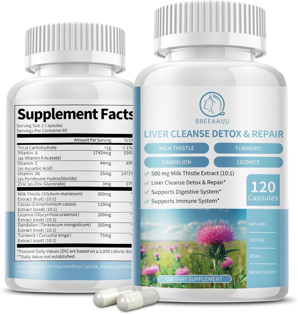 Integratore di cardo al latte capsule, formula di salute del fegato, con radice di dente di leone, estratto 10:1, per il supporto di pulizia del fegato, sistema digestivo e immunitario, 120 tappi di verdure