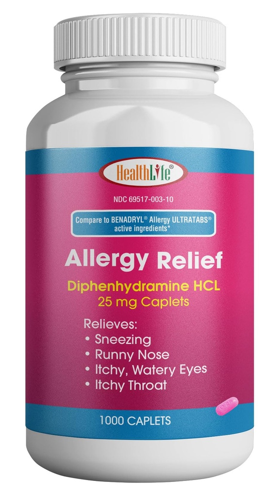 Rilievo di allergia di HEALTH LFE, Difenidramina di medicina Caplets HCl, 25 mg | Bambini e adulti | Allevia starnuti, Runny Nose, Sintomi di febbre da fieno, Occhi prurito e gola (Grande, 1000 Conte)