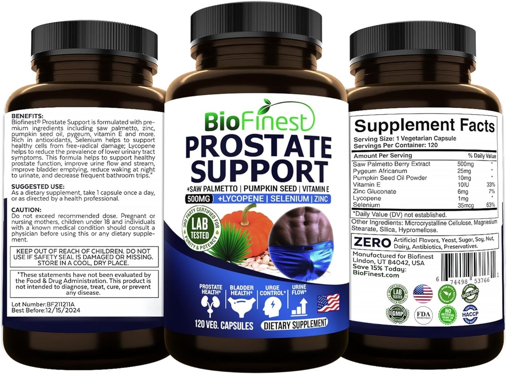 BioFinest Prostate Support per gli uomini - Saw Palmetto Lycopene Pumpkin Seed Pygeum Zinc Selenium - Healthy Urine Flow Bladder Prostate Vitamin Supplement - Made in USA (120 Veg. Capsule)