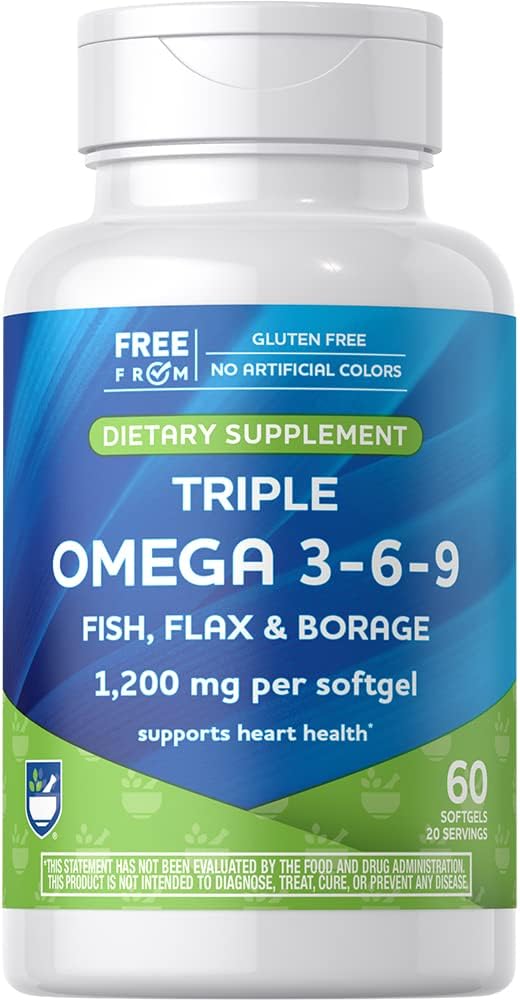 Rite Aid Triple Omega 3, 6, 9 Softgels - 60 Count Fish Oil per sostenere un cuore sano, DHA e EPA, Flaxseed e Borage olio