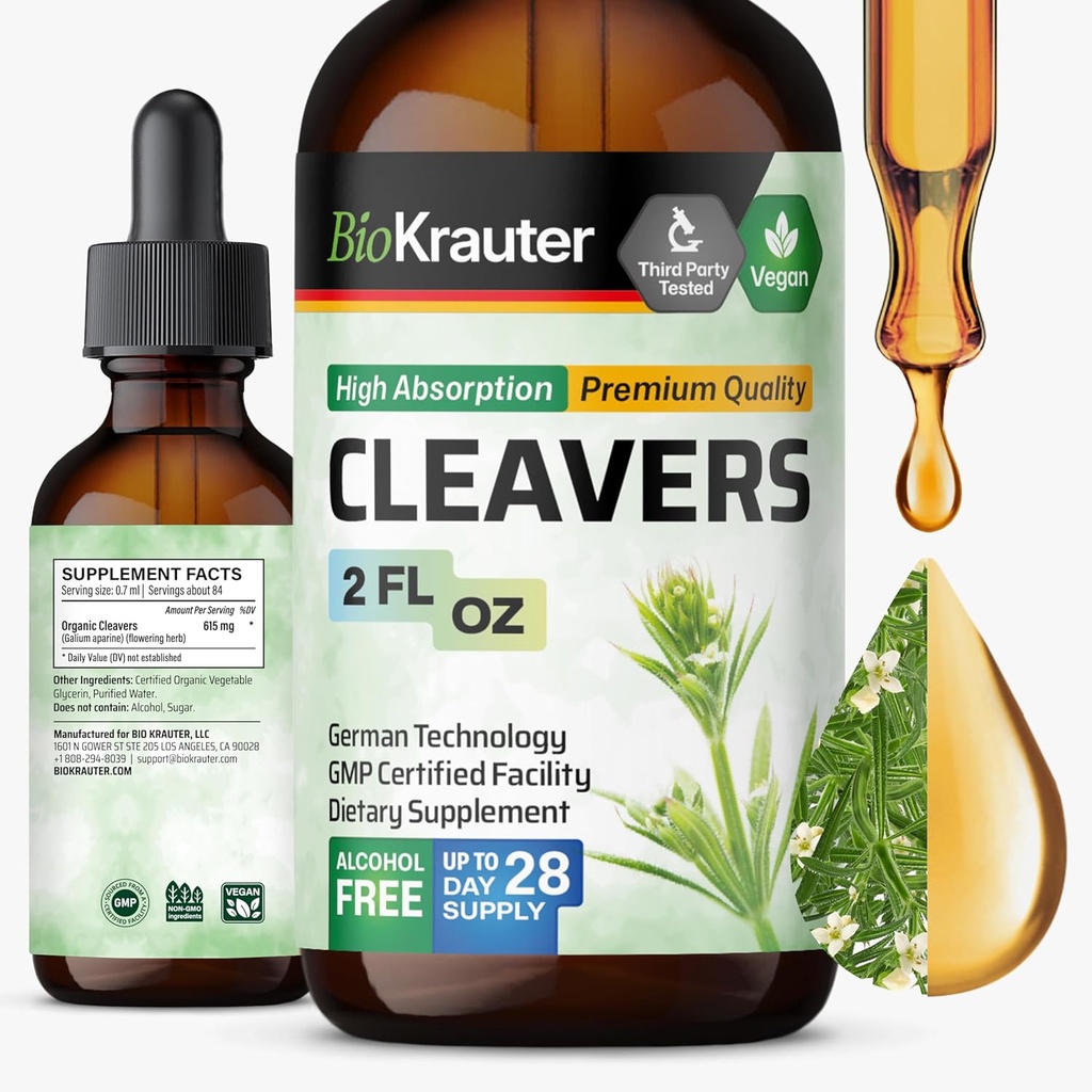 BIO KRAUTER Cleavers Tincture - Cleavers Herb Liquid Extract - Natural Detox - Alcol e Sugar Free - Vegan Extract 2 Fl.Oz.