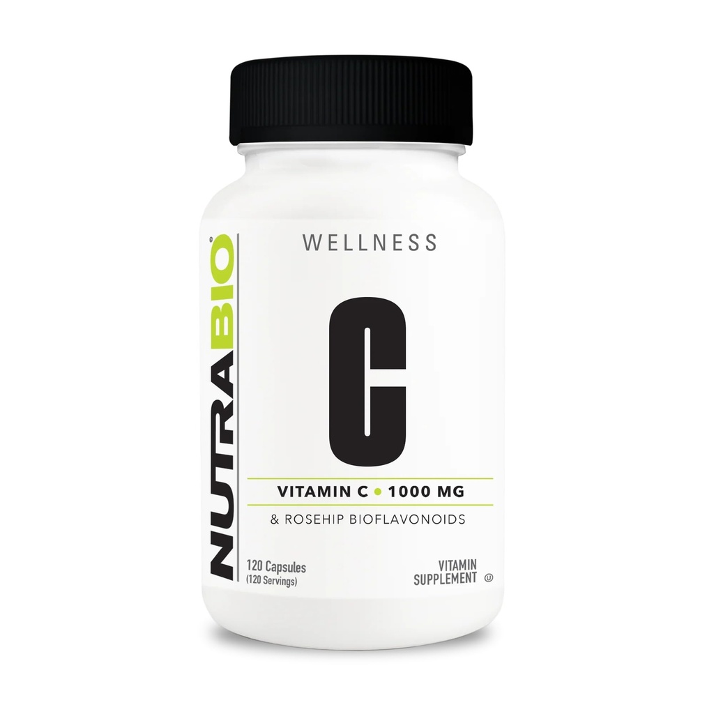 NutraBio Vitamina C con Rose HIPS - Supporta Bones sani, denti e gengive, Funzione immunitaria - Nessun Filler o Eccipienti - (120 capsule, 1000mg di vitamina C per capsula)