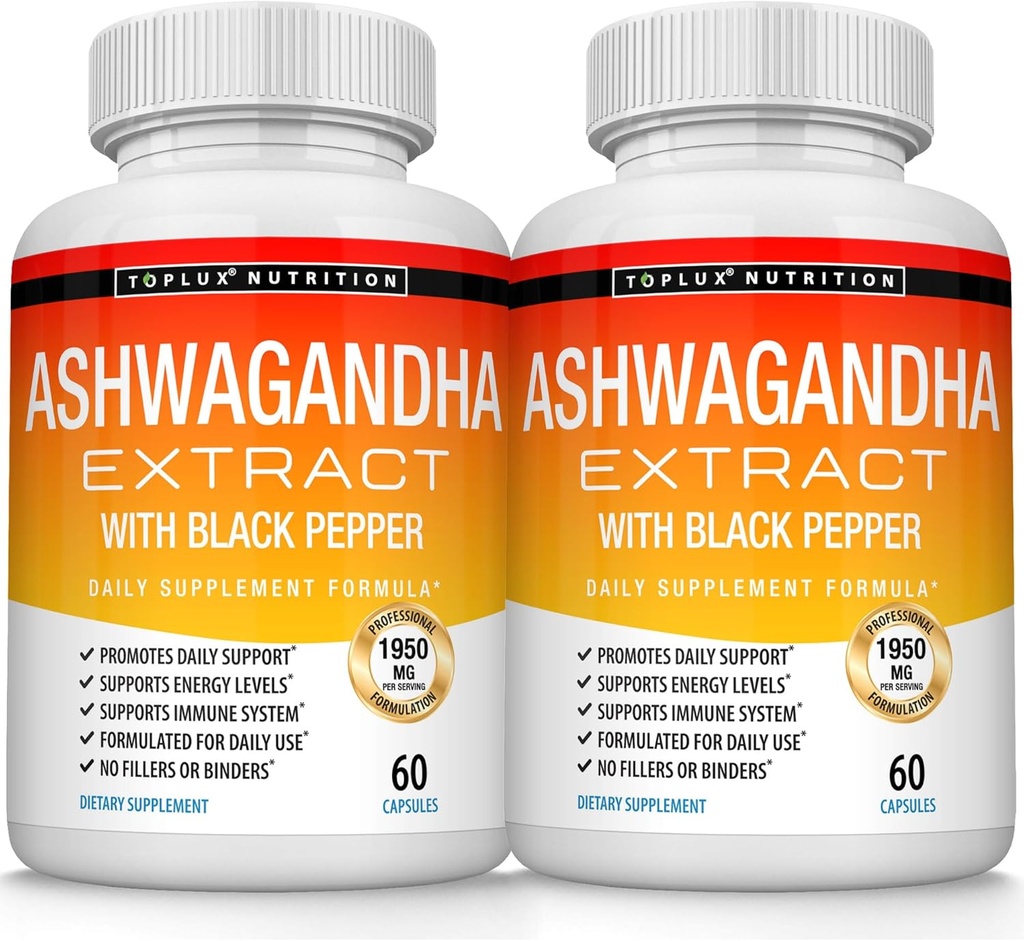 Pillole di radice di Ashwagandha Organico 1950 Mg con estratto di pepe nero - Pure Natural Ashwagandha Supplemento, Support Energy, per le donne degli uomini, 60 capsule