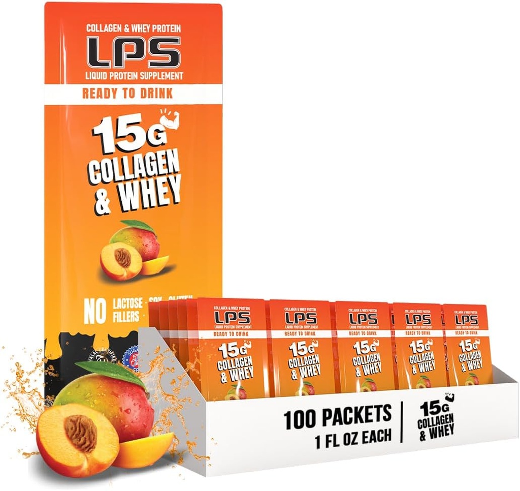 LPS Liquid Collagen & Whey Protein Supplement - Non OGM Drink, Sugar-Free - Promuove la pelle sana & capelli per gli uomini e le donne, Peach Mango, Single Serve (100 Packets)