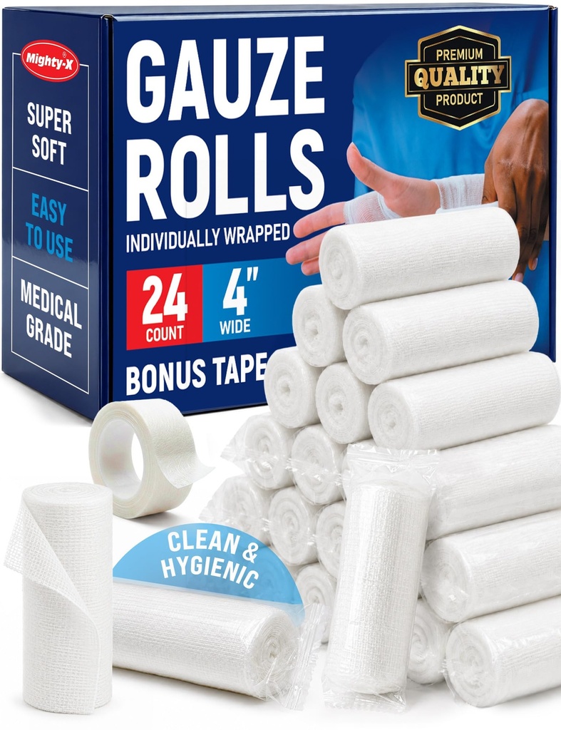 Rolls Gauze - 24 Pack - 4" x 4,1yd Traspirante Gauze - individualmente avvolto con nastro Bonus - First Aid Conforming Stretch Wrap per Wounds - Mummy Wrap