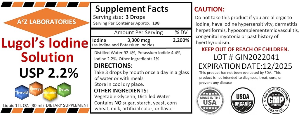 Iodio Generico A2Z Organic Lugol e Potassium Iodide 2.0% Solution, 1 Fl Oz - Liquid Supplement Drops for Thyroid Support, Detox, Metabolism, Made in USA