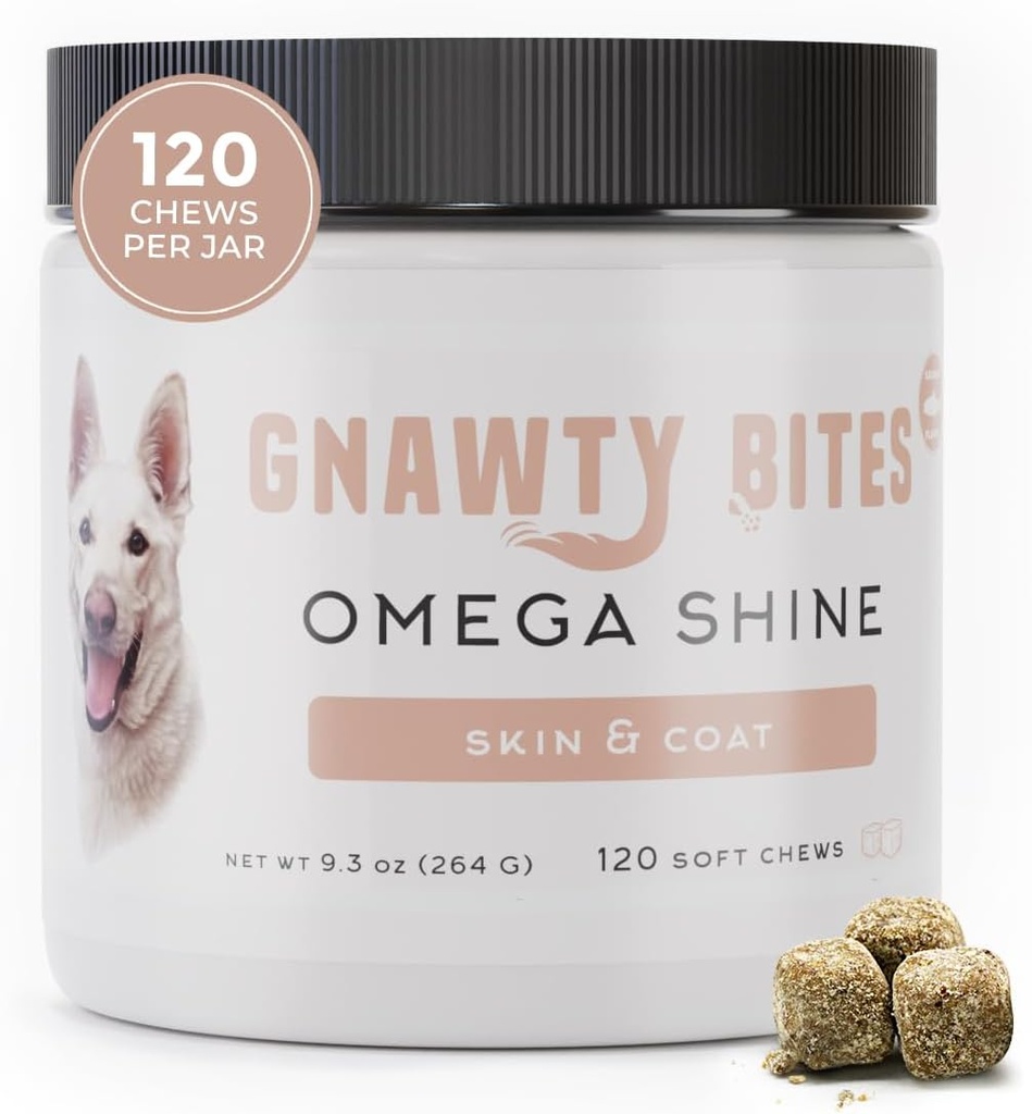 Gnawty Bites Omega Shine | Dog Skin e Coat Supplemento per Cappotto sano e lustro con Omega 3-6-9 & Fish Oil | Asciugato, irritato, & Itchy pelle sollievo per cani, 120 Soft Chews