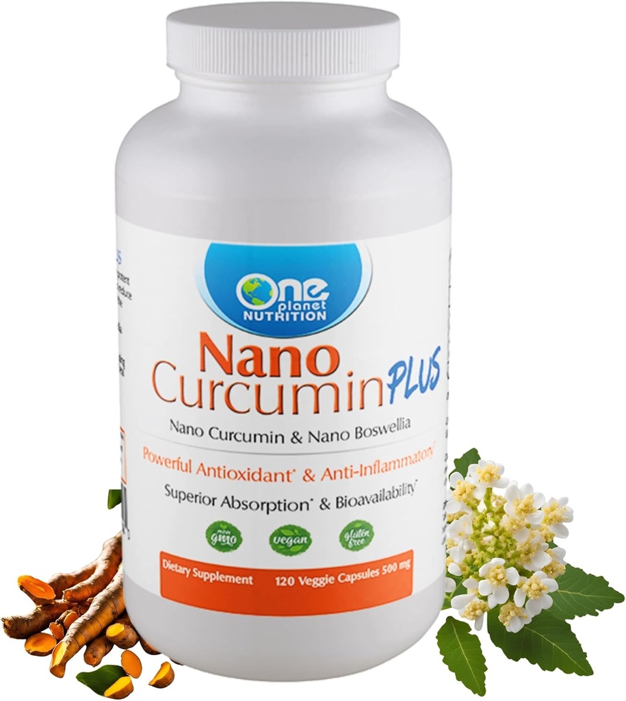 One Planet Nutrition Nano Curcumin Plus 500 mg Veggie Capsule (240 Serve), Nano Curcumina con Boswellia per Alta Assorbimento, Supporta Salute Giunta e Immune, Non OGM, Vegan, Senza Glutine