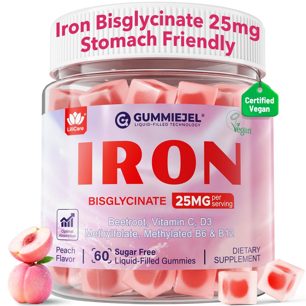 Gummie di ferro per le donne 25mg Plus Vitamina C, Radice di barbabietola, Vitamina B12, Folate per carenza di ferro, Anemia, Boost di energia, Supplemento di ferro senza zucchero, Non-Constipating, No After Taste, 60 Cts