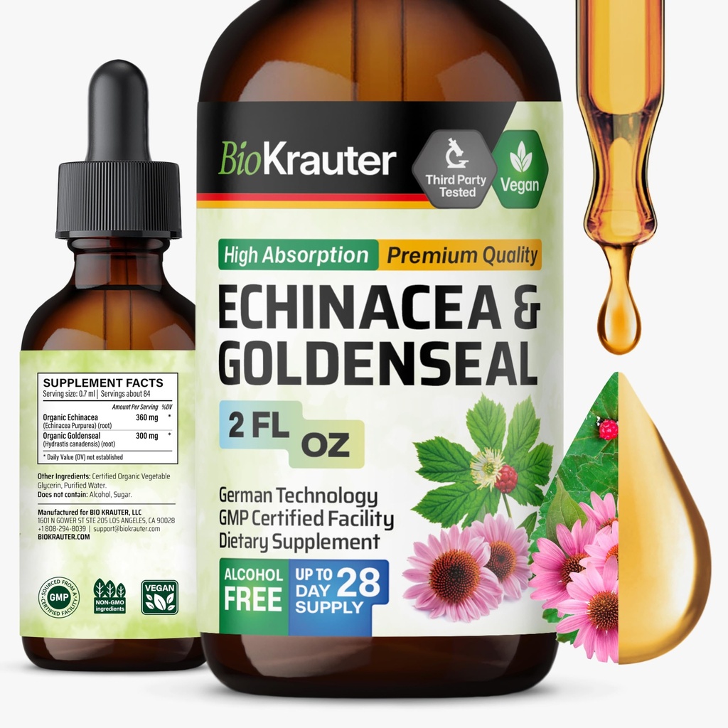 BIO KRAUTER Echinacea e Goldenseal Root Liquid Extract - Natural Immune Support - Echinacea Drops with Goldenseal - Vegan, Alcol & Sugar Free Tincture - 2 Fl.Oz.