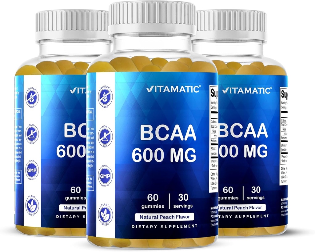 Vitamatico BCAA Gummies - Branch Catena Aminoacido Supplementi - Peach Flavor - 600mg per Serving - 60 Vegan Pectin Basato Gummies (3 bottiglie)