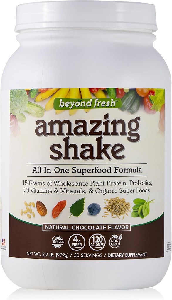 Oltre fresco stupefacente Shake, Superfood Formula, Plant Protein Based, Low Net Carbs, Wholefood Protein, Meal Sostituzione, Natural Chocolate Flavor, 999 Grammi, Bianco