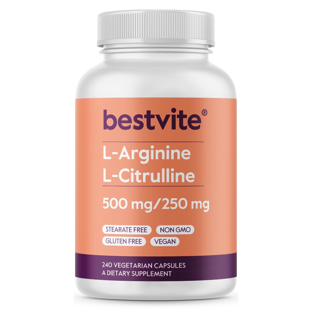 BESTVITE L-Arginina L-Citrullina 500mg / 250mg Vegan (240 capsule vegetariane) - No Stearates - No Dicalcium Phosphate - Non OGM - Gluten Free