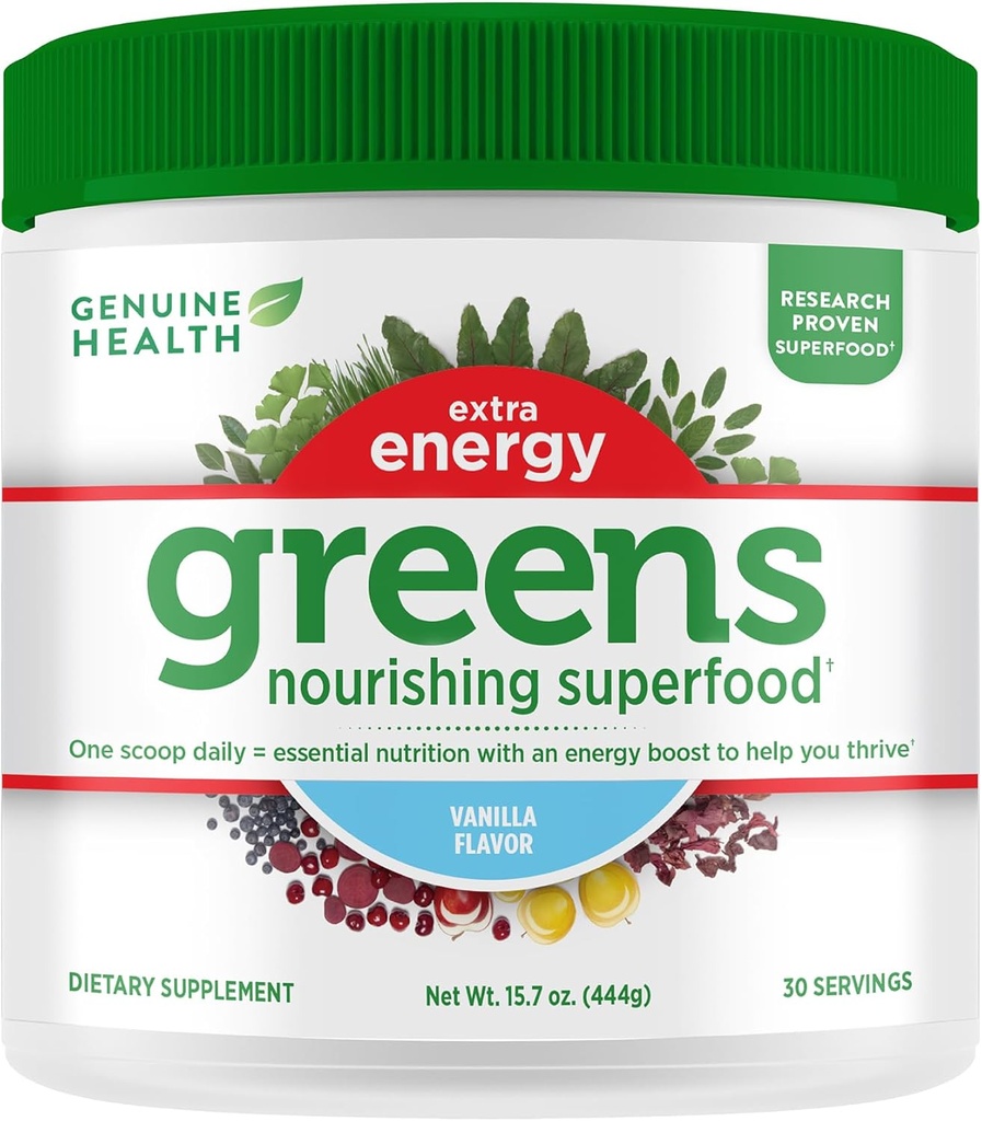 Greens di salute genuini + polvere superfood ad energia extra, fornisce un Boost & Supports di energia immediata Salute del fegato, Vanilla Flavoured, 30 Serve