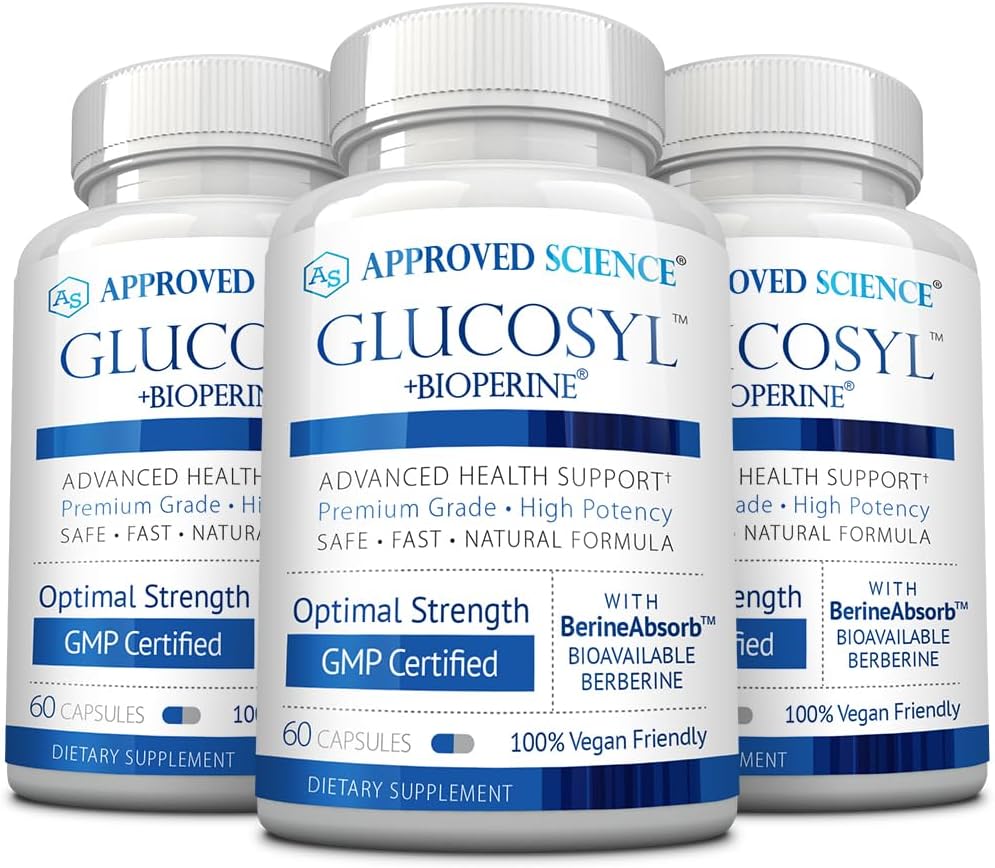 Approvata Scienza Glucosyl Supplemento - 250 mg Berberina, Mulberry, Cannella acquosa - 60 capsule vegane - Confezione da 3