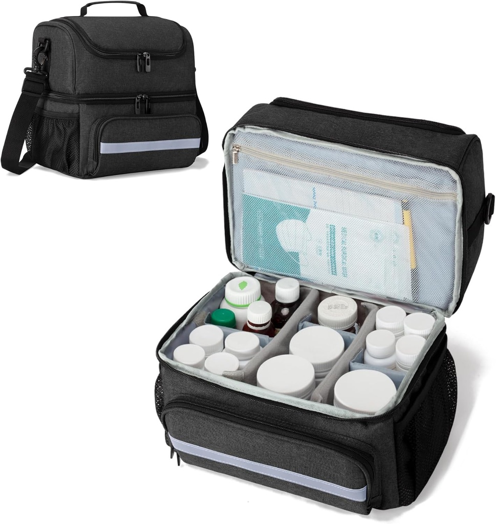 Borsa di stoccaggio della medicina CURMIO, organizzatore di bottiglie a doppio strato con divisori interni per farmaci, vitamine, bottiglie di prescrizione, forniture mediche, nero (progetto del brevetto)